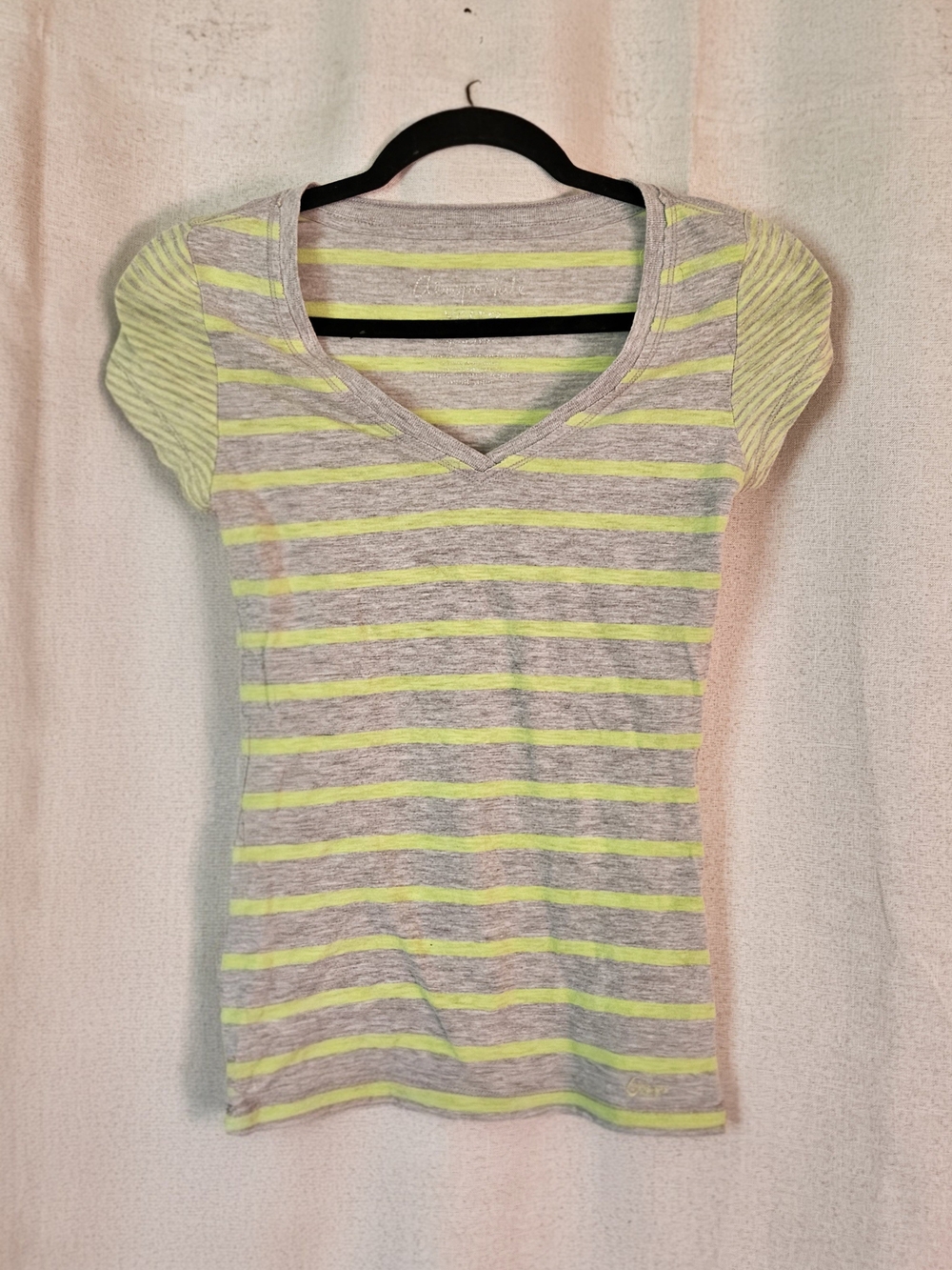 Aeropostale Gray and Neon Yellow Striped V-Neck Muscle Tee